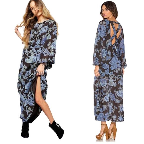 Free‎ People Dark Gray Blue Floral Long Sleeve Maxi Dress - Picture 1 of 13